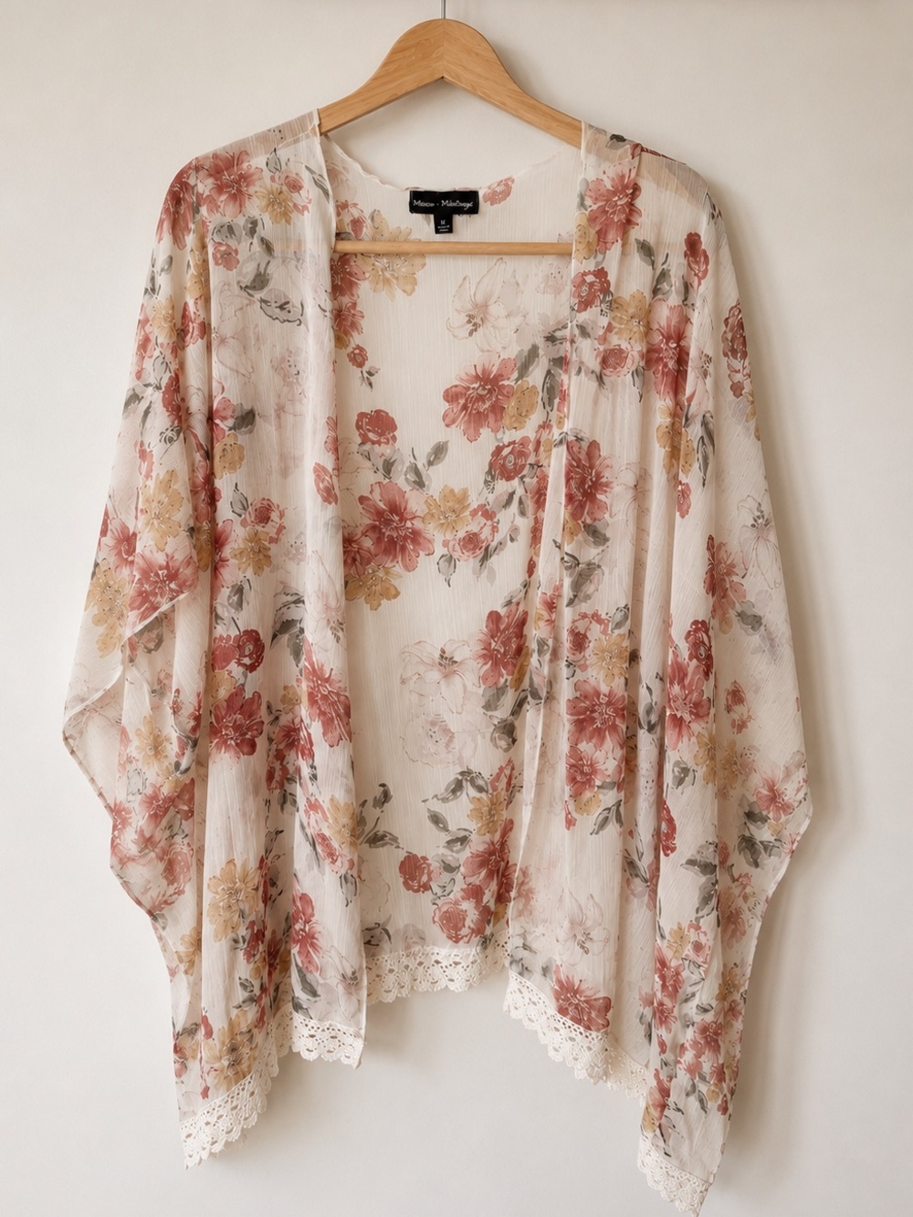 Boho Floral Sheer Lace Trim Kimono Cardigan in Cream and Dusty Rose - Picture 2 of 7